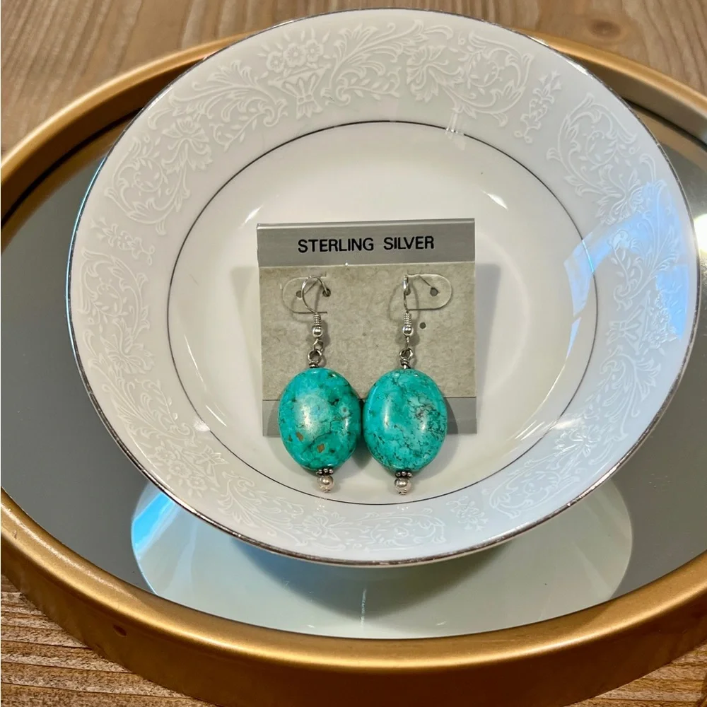 Large Oval Turquoise & Sterling Silver Drop Earrings